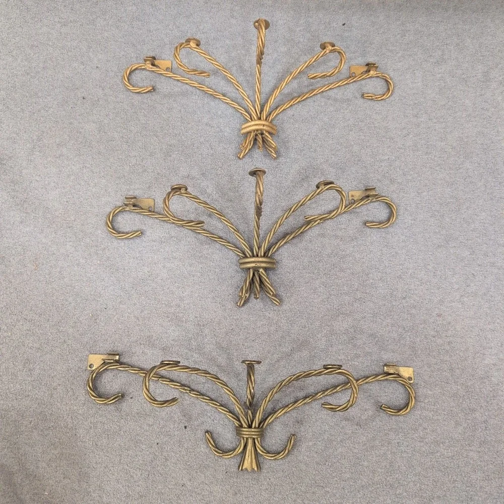 Vintage Twisted Metal Gold Tone Wall Brackets Set of 3 Hollywood Regency Style